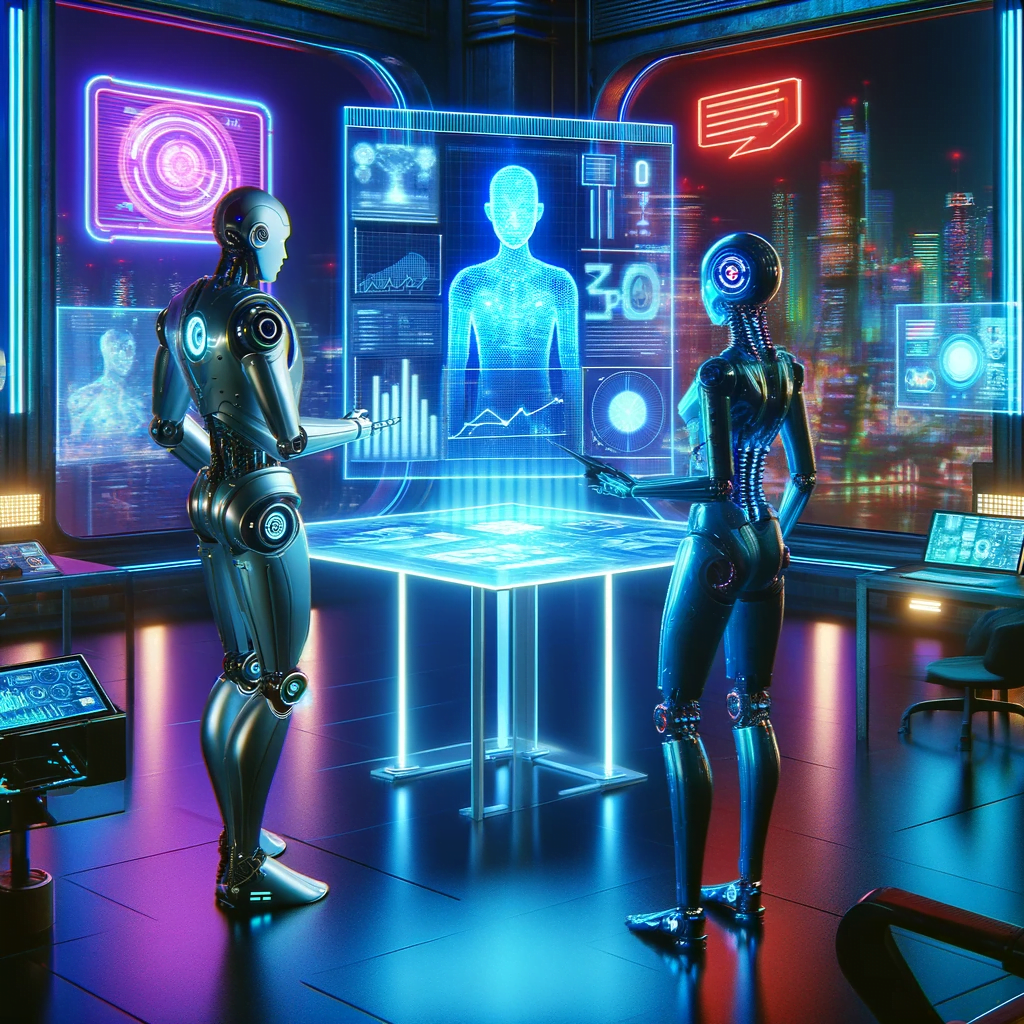 Here is an image of two AI entities looking at their marketing strategy in a cyberpunk setting. The scene captures the futuristic and vibrant essence of a cyberpunk world, with one AI depicted as a humanoid robot and the other as a holographic projection, both analyzing data on a holographic table. The background is rich with cyberpunk elements such as neon lights, digital displays, and a cityscape visible through a large window.