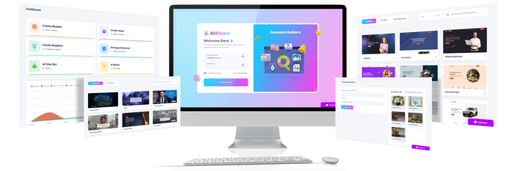 AI Wizard Review User dashboard of AI Wizard platform showing various content creation tools such as website builder, video editor, graphic design, AI chatbot, and AI writer with performance analytics graph and template previews.