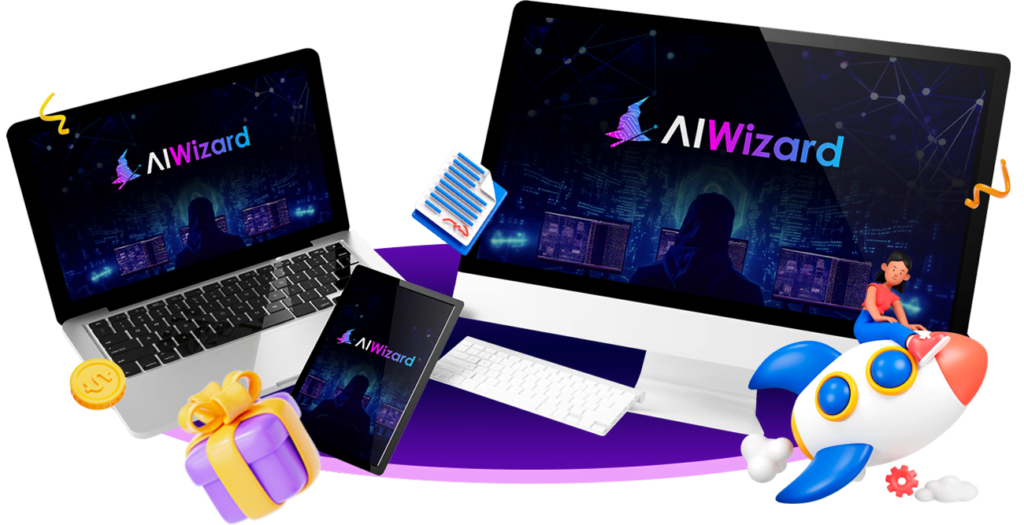 AI Wizard Review digital marketing suite displayed on various devices, highlighting the software's interface on a laptop, tablet, and monitor with complementary design elements like a gift, coins, and a playful robot, emphasizing the comprehensive and engaging user experience.