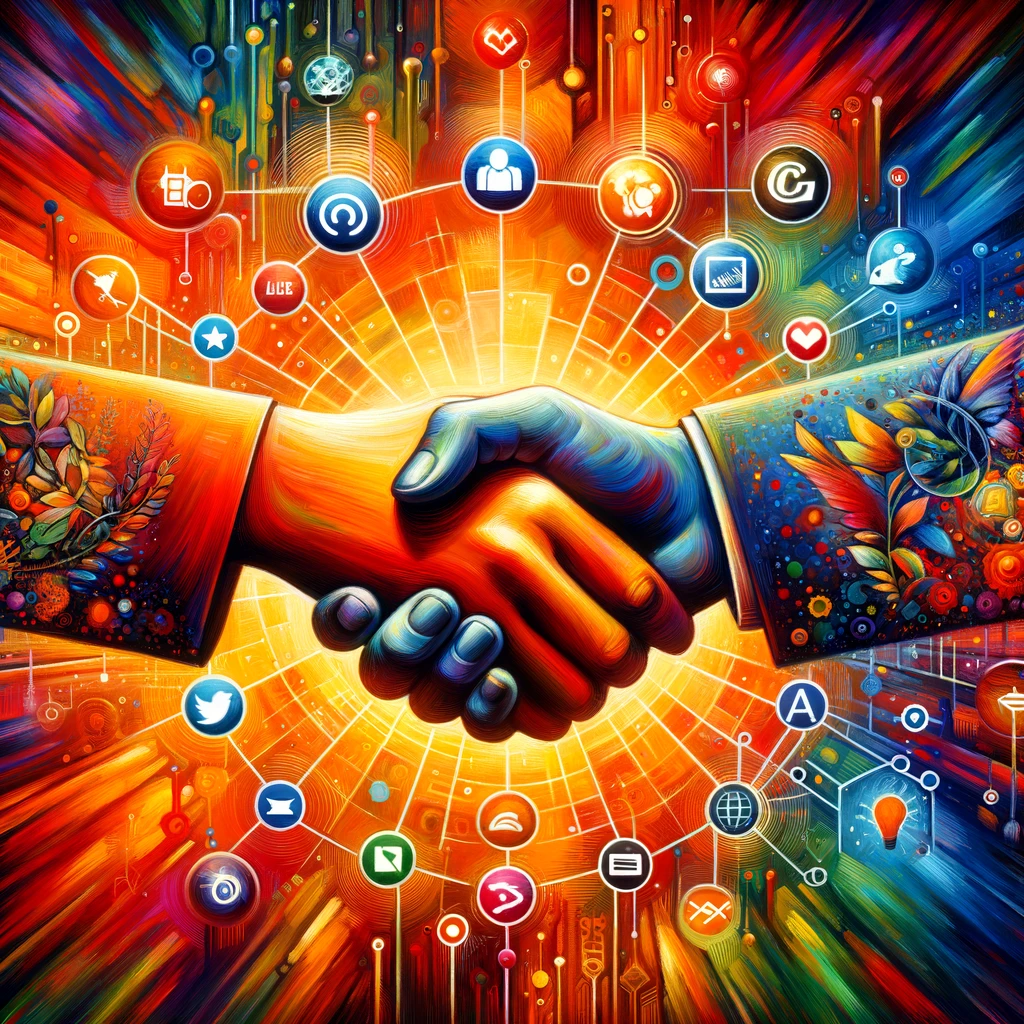 The Power of Affiliate Marketing A vibrant painting of a handshake between two figures, one representing a content creator and the other a brand, against a backdrop of digital networks and social media icons. This captures the partnership at the heart of affiliate marketing. Created Using: vibrant colors, symbolic representation of partnership, digital network background, social media icons, painting style, emphasis on collaboration and mutual success, glibatree prompt, symbolic and vibrant partnership theme