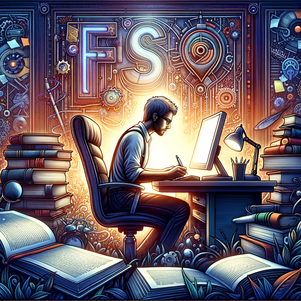 The Art of Writing Long Articles A detailed illustration of a writer deeply engaged in crafting an article, surrounded by books and notes, intently focused on a glowing computer screen. The room is filled with creative chaos, yet there's a clear sense of purpose and dedication. Created Using: intricate line work, rich textures, soft ambient lighting, emphasis on concentration and creativity, reflective mood, vibrant yet focused color palette, digital art, glibatree prompt, detailed background with hints of SEO concepts subtly integrated