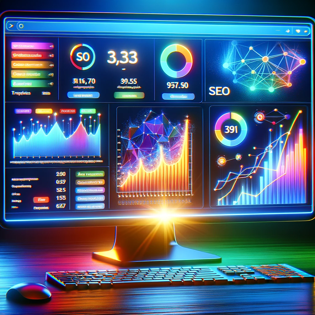 The Art of Writing Long Articles A close-up view of a computer screen displaying SEO analytics, with graphs, keyword rankings, and traffic data vividly illustrated. The focus is on the vibrant data visualization, showcasing the importance of SEO in article writing. Created Using: digital art, high detail in data representation, color contrasts to highlight important metrics, modern, sleek design, emphasis on precision and analysis, glibatree prompt, realistic screen glow effect