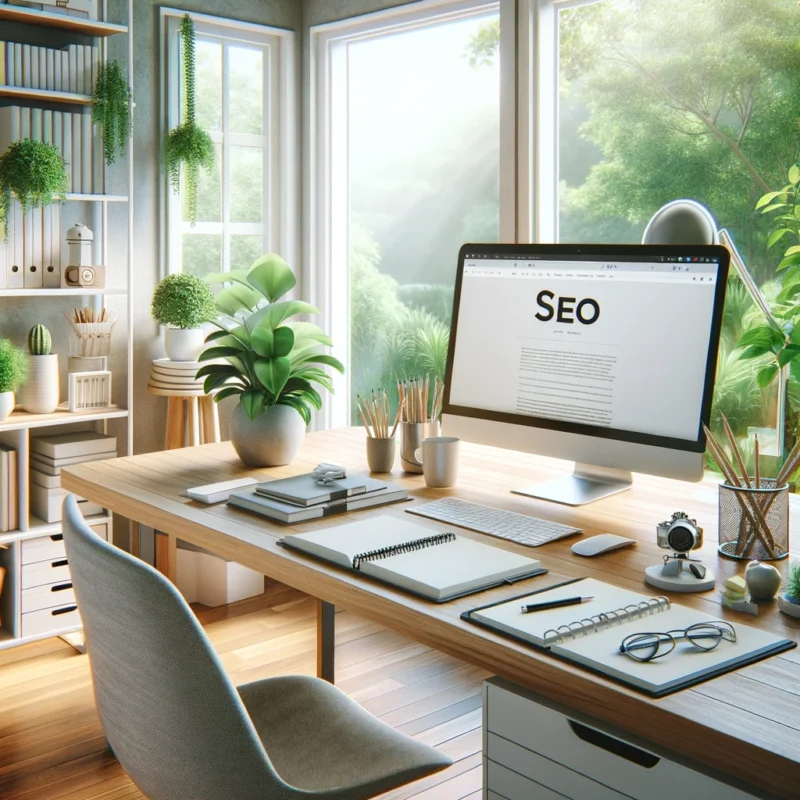 A serene and organized workspace optimized for productivity and inspiration in article writing, featuring a sleek desk with a modern computer, notepads filled with SEO strategies, and a peaceful window view of a lush garden. Created Using: minimalistic design, natural light flooding in, clean lines, organized space, subtle integration of SEO tools, digital art, glibatree prompt, tranquil and motivational setting