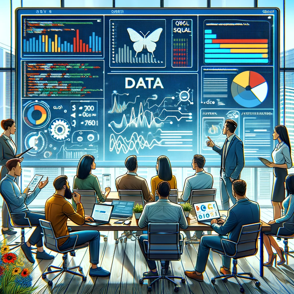 A collaborative session with marketers planning strategies around data, with a large monitor displaying complex JavaScript and SQL analytics. The team is engaged in a dynamic discussion, brainstorming and strategizing over the best data-driven approaches to digital marketing. Created Using: vibrant office atmosphere, detailed character expressions, interactive and collaborative setting, digital art, glibatree prompt, emphasis on teamwork and data analysis, modern marketing tools